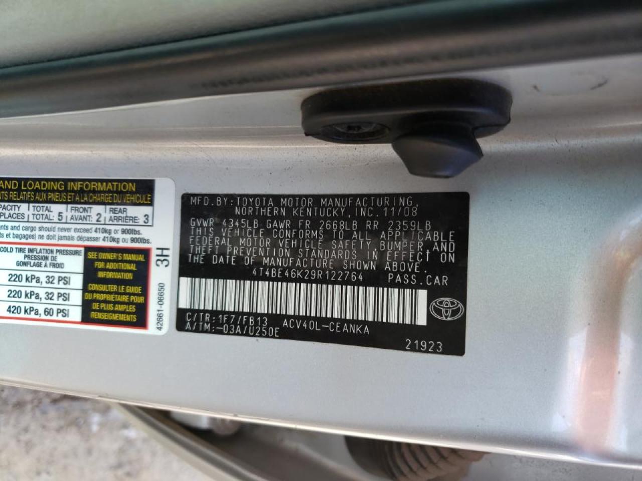 Photo 10 from auction – 2009 TOYOTA CAMRY BASE with VIN 4T4BE46K29R122764