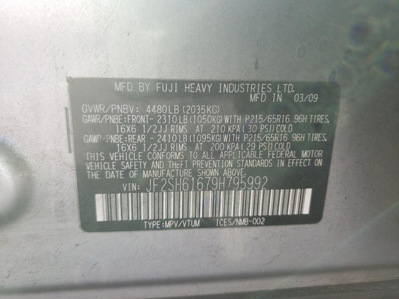 Photo 10 from auction – 2009 SUBARU FORESTER 2 with VIN JF2SH61679H795992