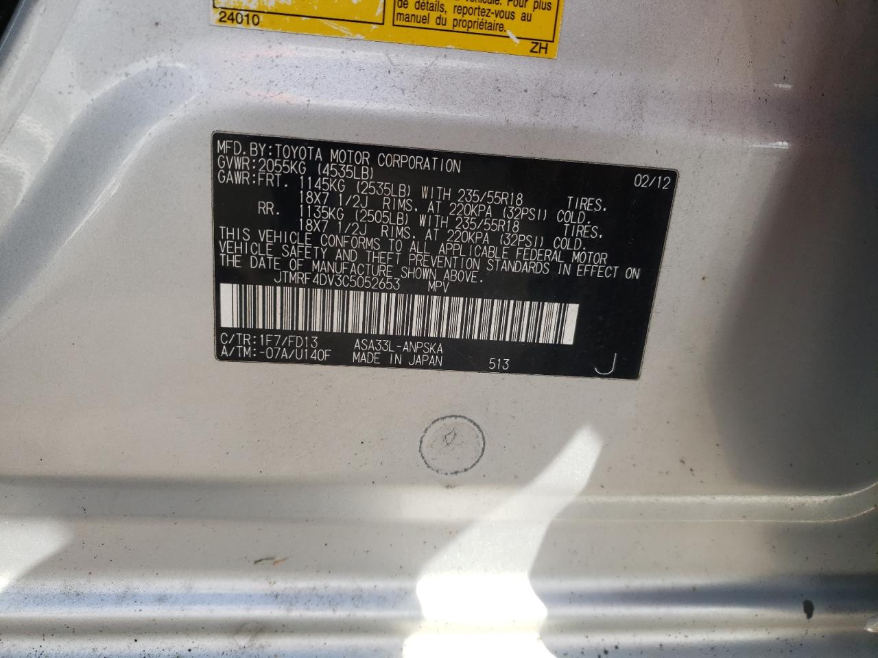Photo 10 from auction – 2012 TOYOTA RAV4 SPORT with VIN JTMRF4DV3C5052653