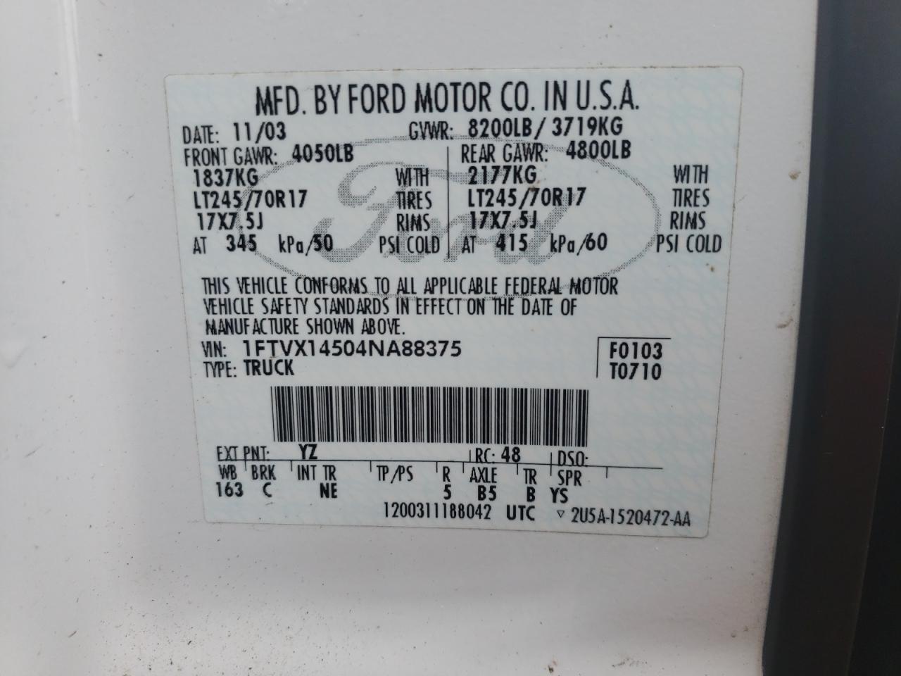 صورة رقم 10 من المزاد - 2004 FORD F150 مع VIN 1FTVX14504NA88375
