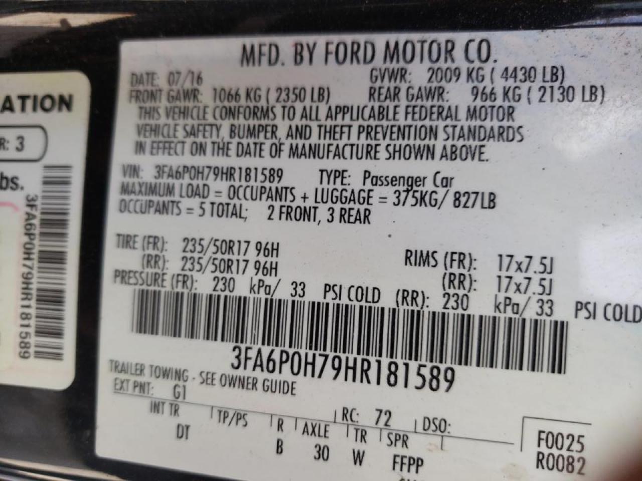 Photo 10 from auction – 2017 FORD FUSION SE with VIN 3FA6P0H79HR181589