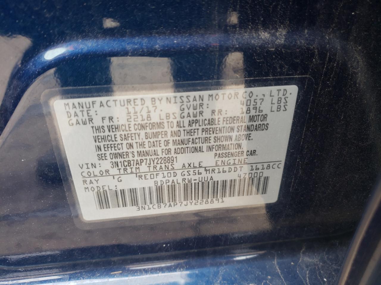 Photo 10 from auction – 2018 NISSAN SENTRA SR with VIN 3N1CB7AP7JY228891
