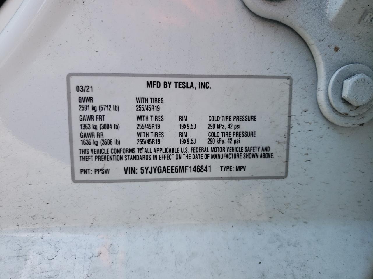 Photo 10 from auction – 2021 TESLA MODEL Y with VIN 5YJYGAEE6MF146841