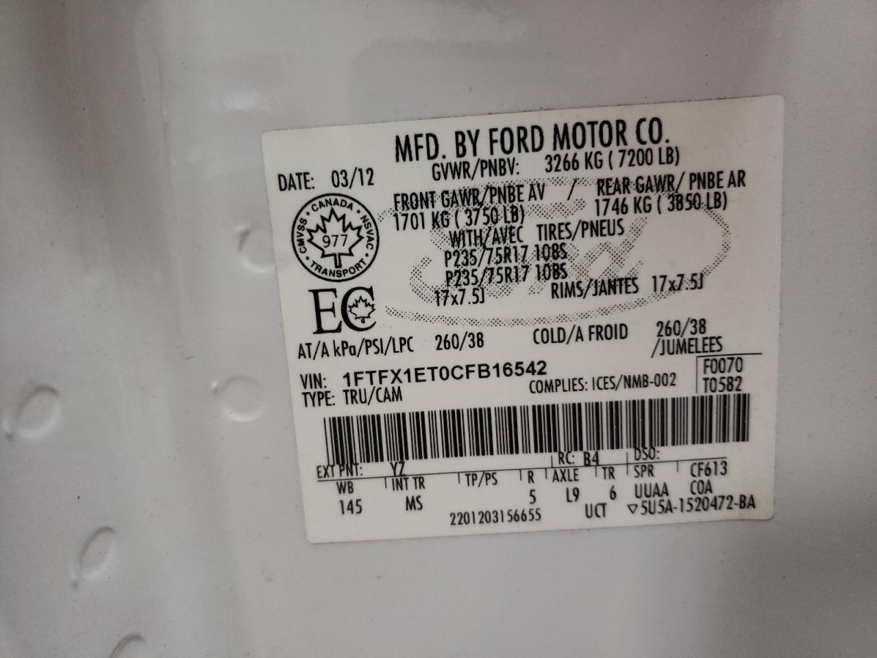 Photo 10 from auction – 2012 FORD F150 SUPER with VIN 1FTFX1ET0CFB16542