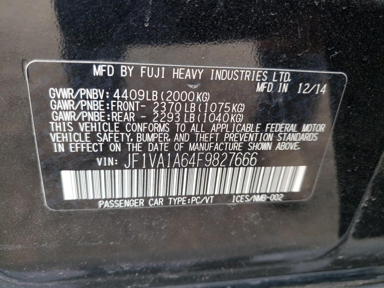 Photo 10 from auction – 2015 SUBARU WRX with VIN JF1VA1A64F9827666