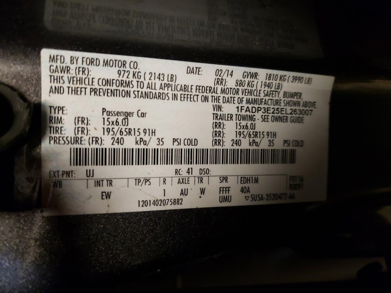 Photo 10 from auction – 2014 FORD FOCUS S with VIN 1FADP3E25EL263007
