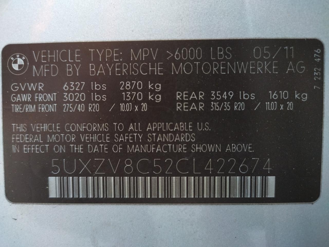 Photo 10 from auction – 2012 BMW X5 XDRIVE5 with VIN 5UXZV8C52CL422674
