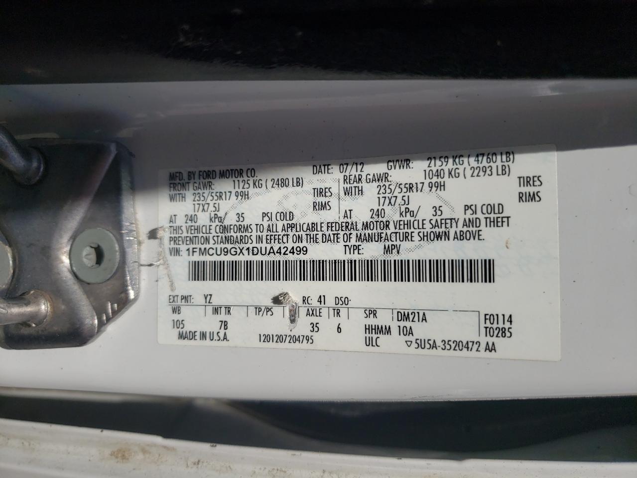 Photo 10 from auction – 2013 FORD ESCAPE SE with VIN 1FMCU9GX1DUA42499