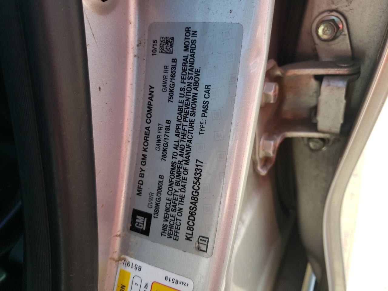 Photo 10 from auction – 2016 CHEVROLET SPARK with VIN KL8CD6SA8GC543317