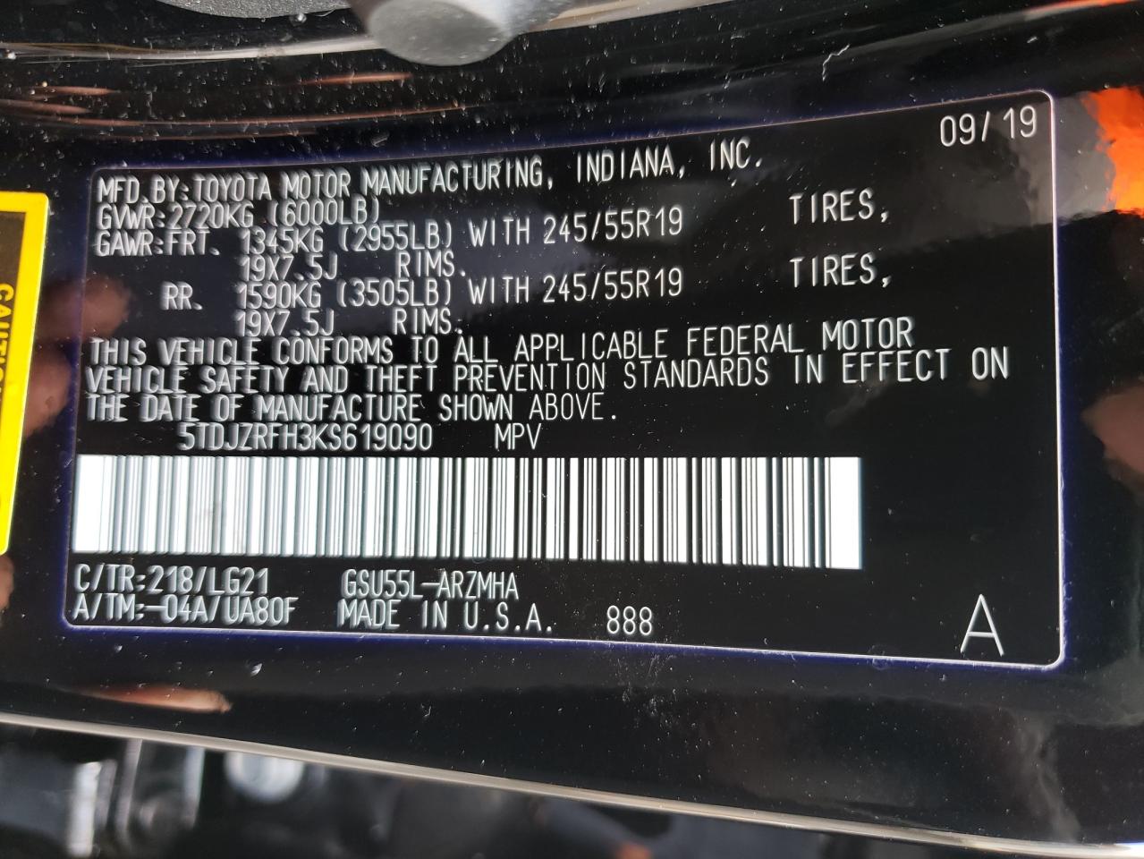 Photo 10 from auction – 2019 TOYOTA HIGHLANDER with VIN 5TDJZRFH3KS619090
