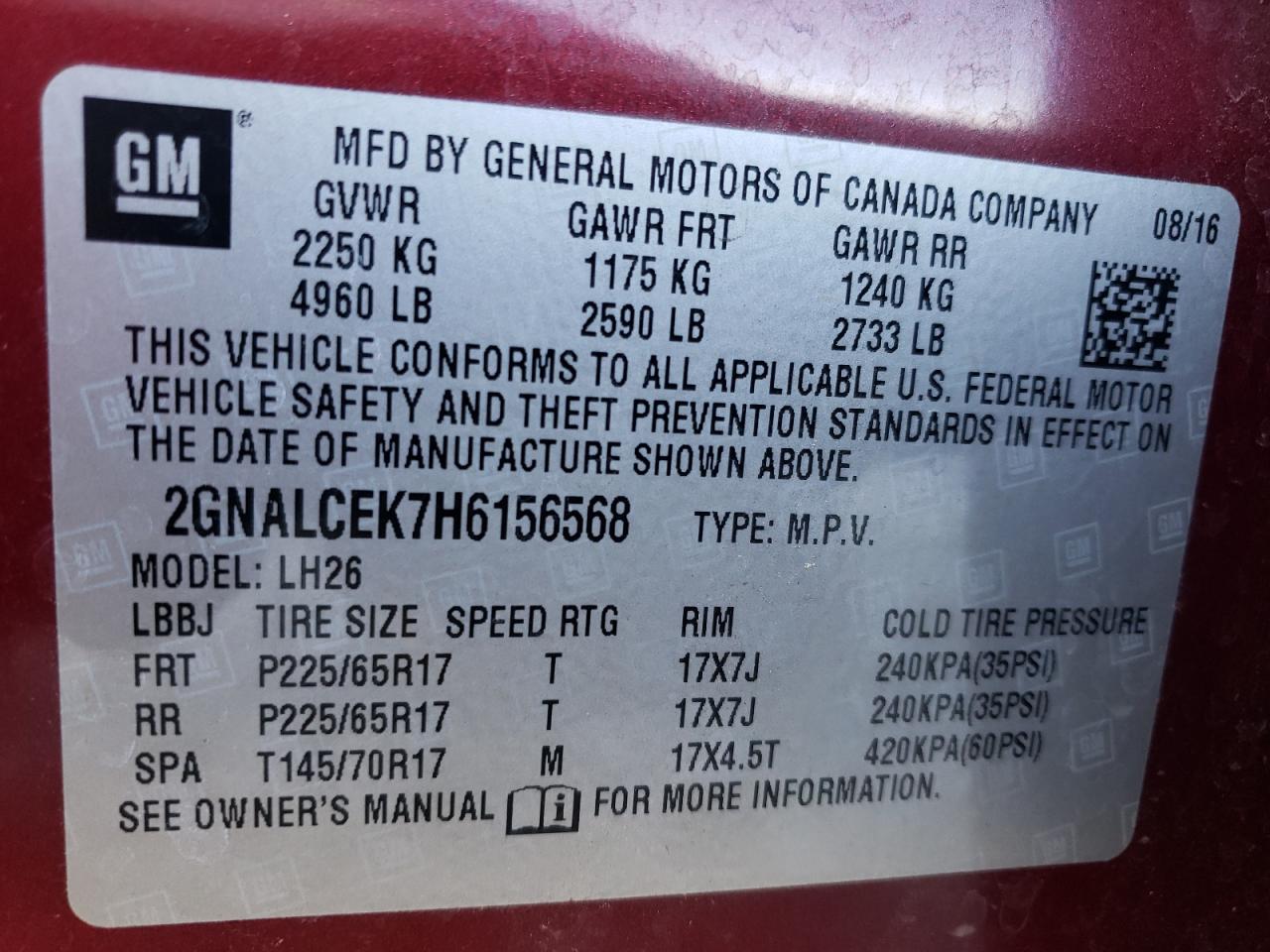 Photo 10 from auction – 2017 CHEVROLET EQUINOX LT with VIN 2GNALCEK7H6156568
