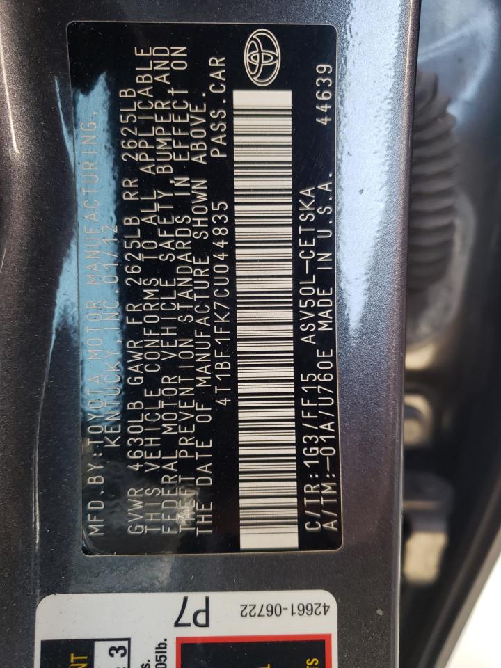 Photo 10 from auction – 2012 TOYOTA CAMRY BASE with VIN 4T1BF1FK7CU044835