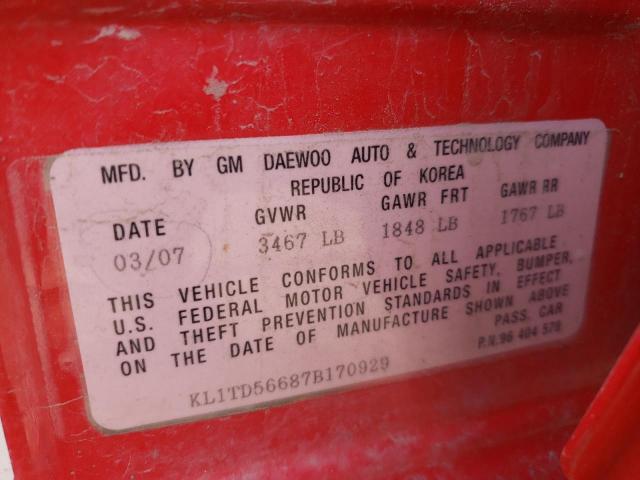 Photo 10 from auction – 2007 CHEVROLET AVEO BASE with VIN KL1TD56687B170929