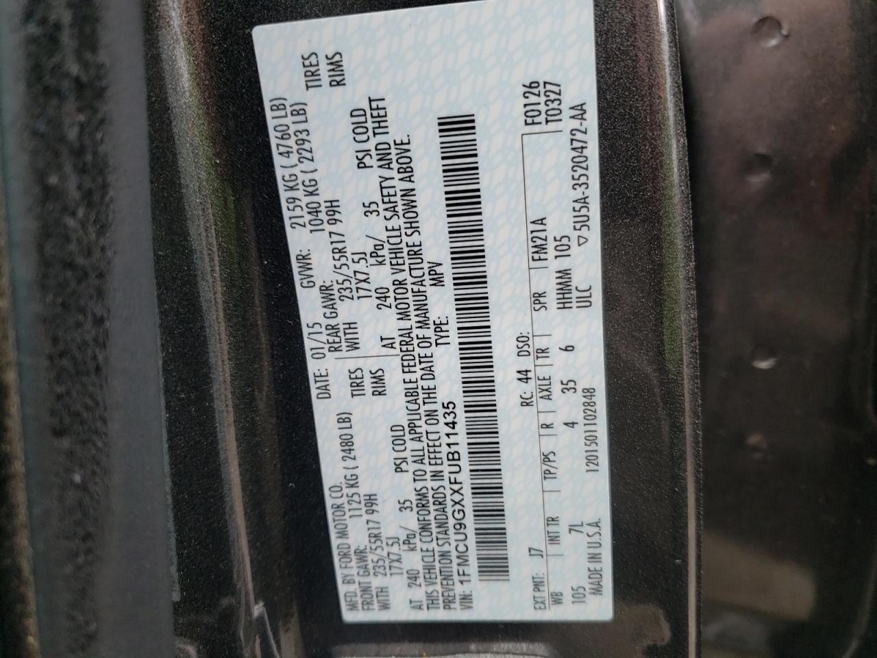 Photo 10 from auction – 2015 FORD ESCAPE SE with VIN 1FMCU9GXXFUB11435