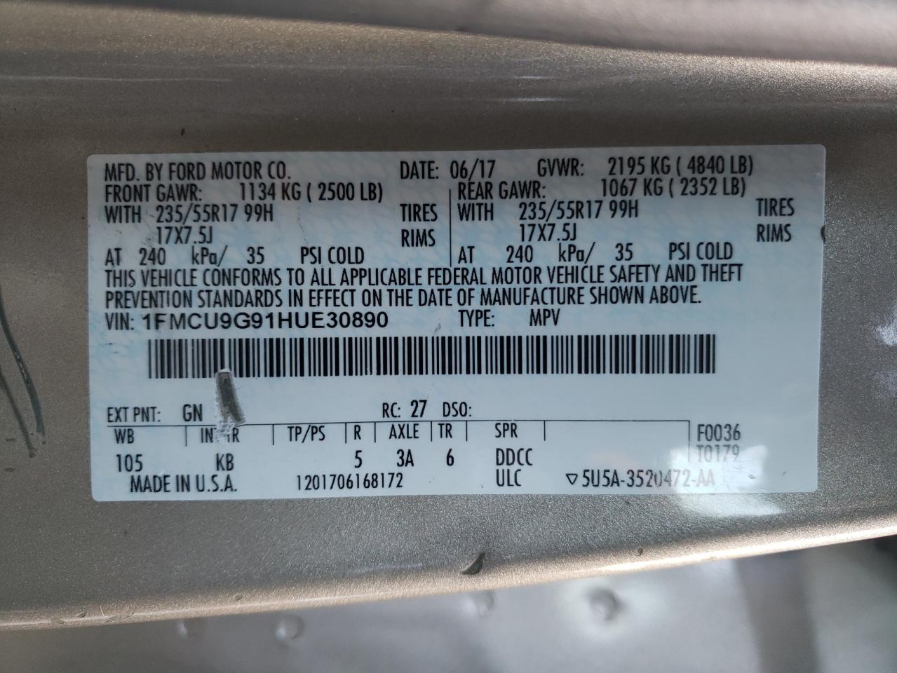 Photo 10 from auction – 2017 FORD ESCAPE SE with VIN 1FMCU9G91HUE30890