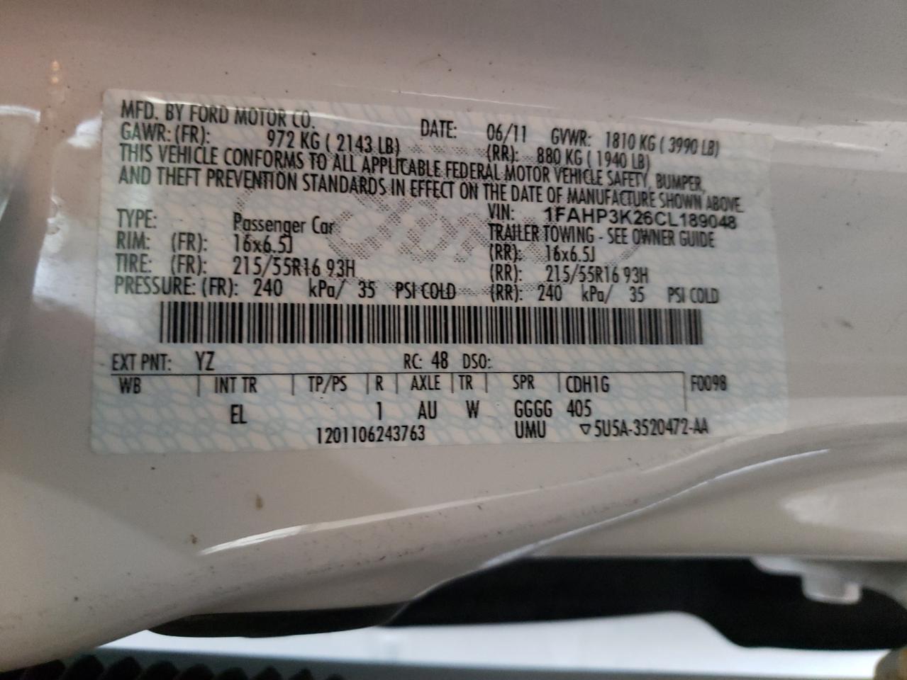 Photo 10 from auction – 2012 FORD FOCUS SE with VIN 1FAHP3K26CL189048