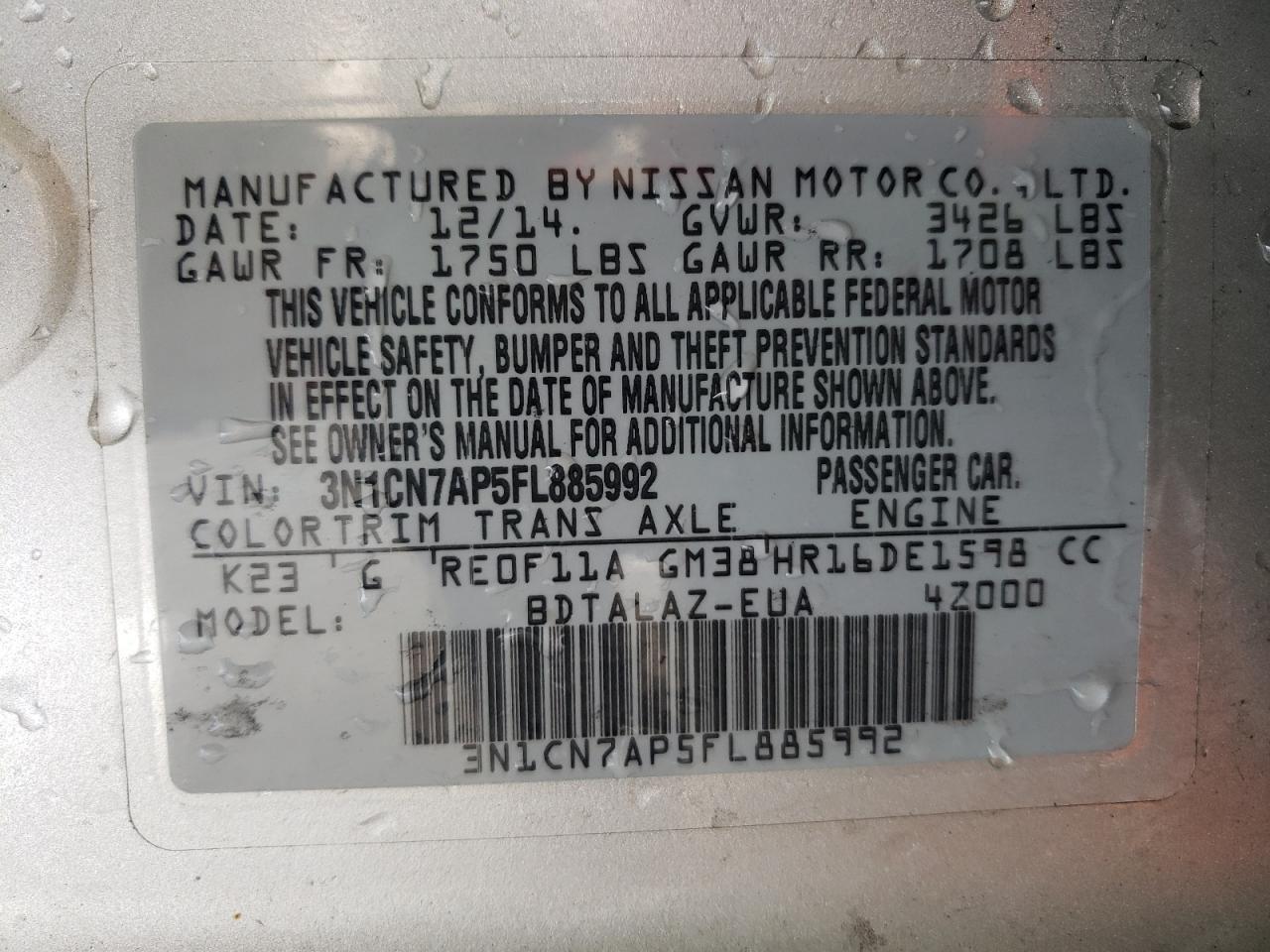 Photo 10 from auction – 2015 NISSAN VERSA S with VIN 3N1CN7AP5FL885992