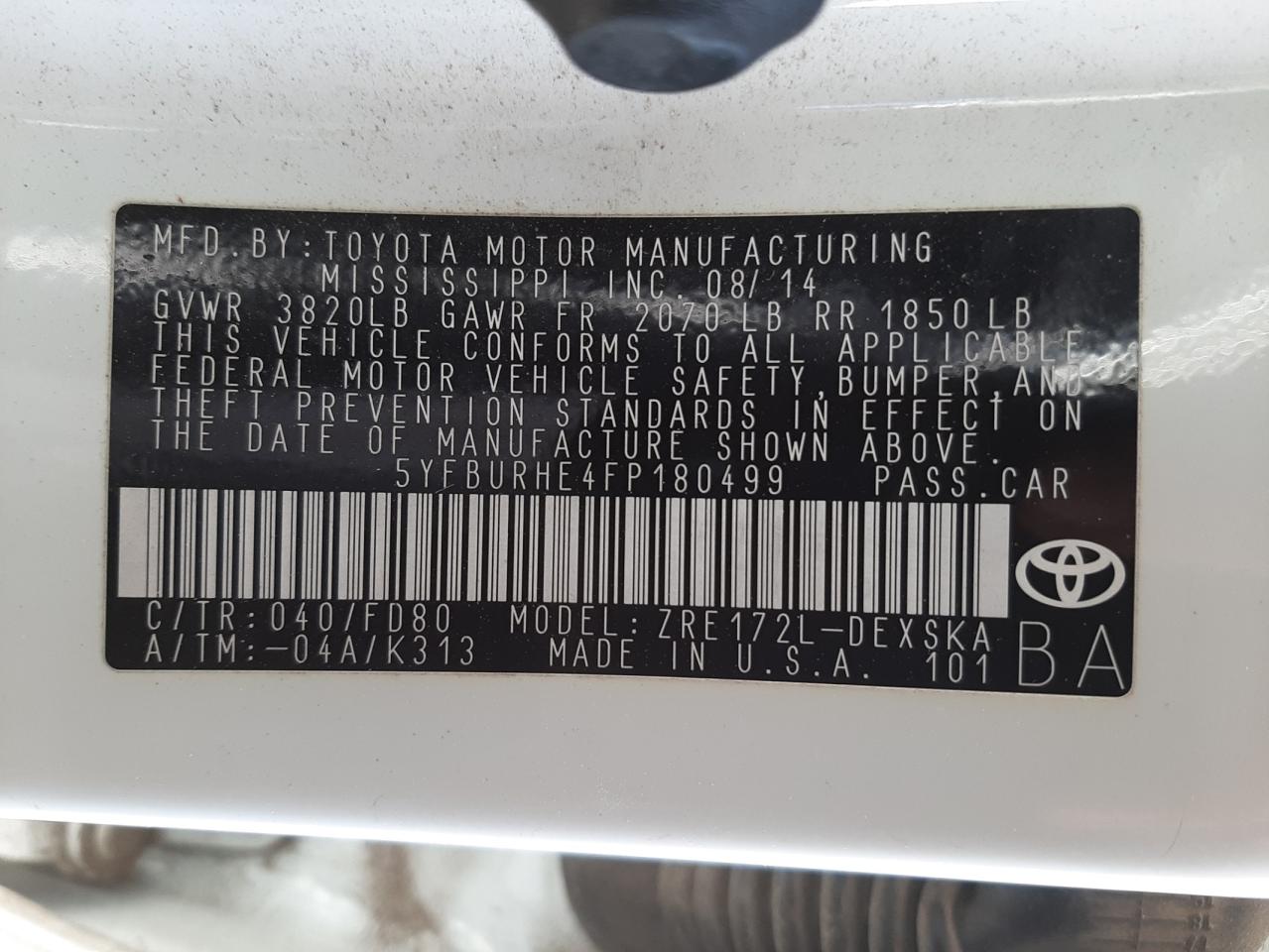 Photo 10 from auction – 2015 TOYOTA COROLLA L with VIN 5YFBURHE4FP180499