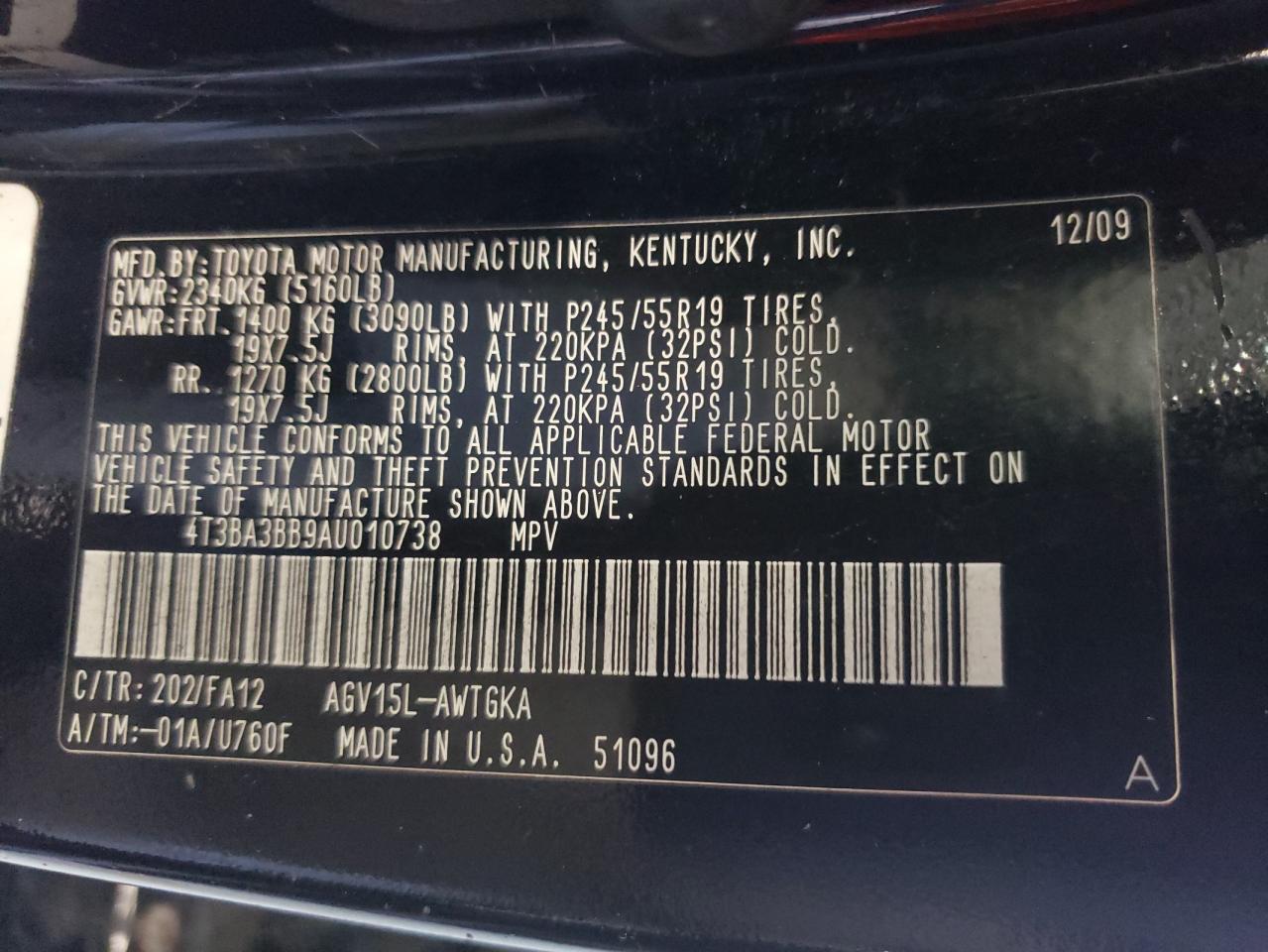 Photo 10 from auction – 2010 TOYOTA VENZA with VIN 4T3BA3BB9AU010738