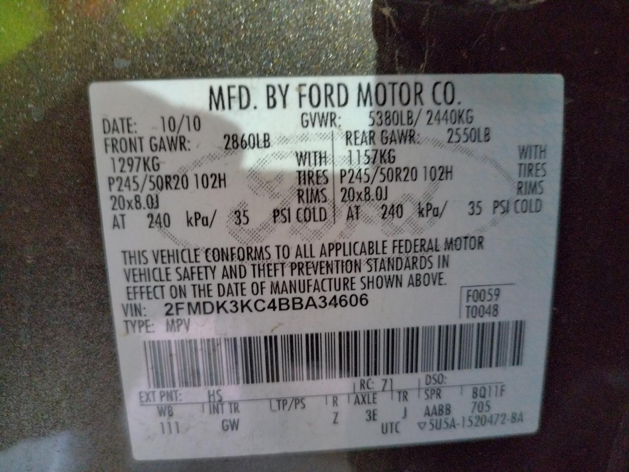 Photo 10 from auction – 2011 FORD EDGE LIMIT with VIN 2FMDK3KC4BBA34606