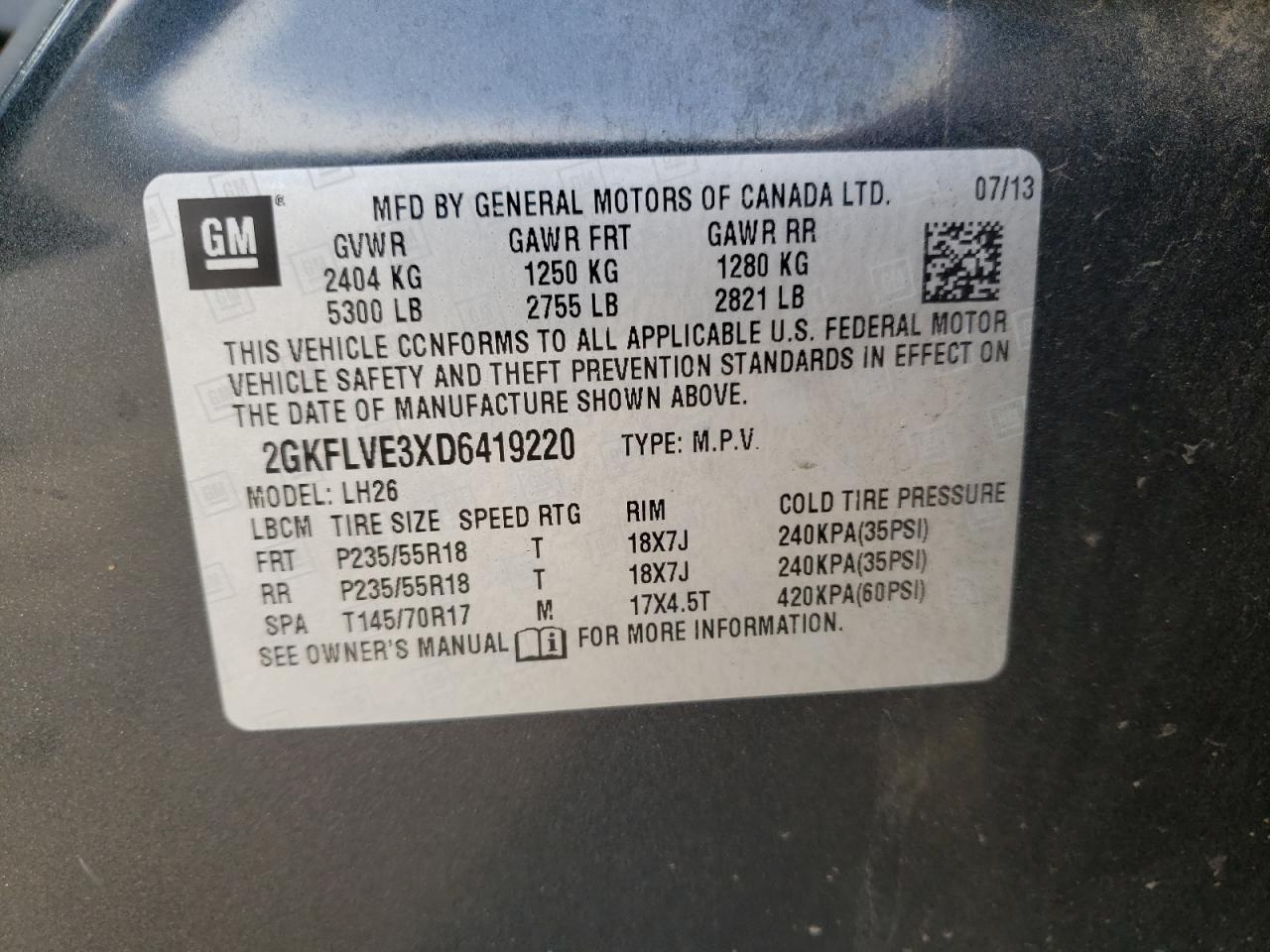 Photo 10 from auction – 2013 GMC TERRAIN SL with VIN 2GKFLVE3XD6419220