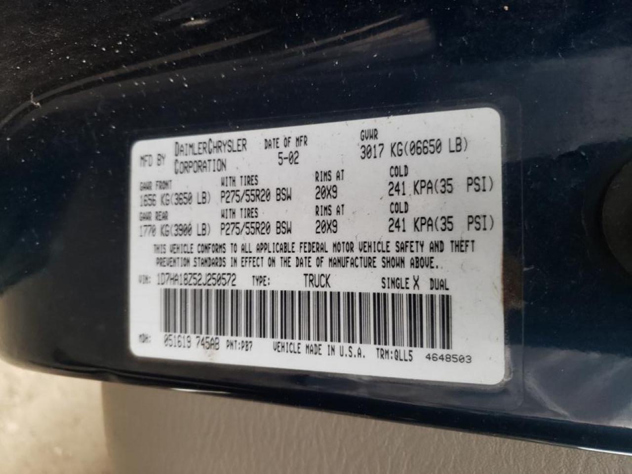 Photo 10 from auction – 2002 DODGE RAM 1500 with VIN 1D7HA18Z52J250572