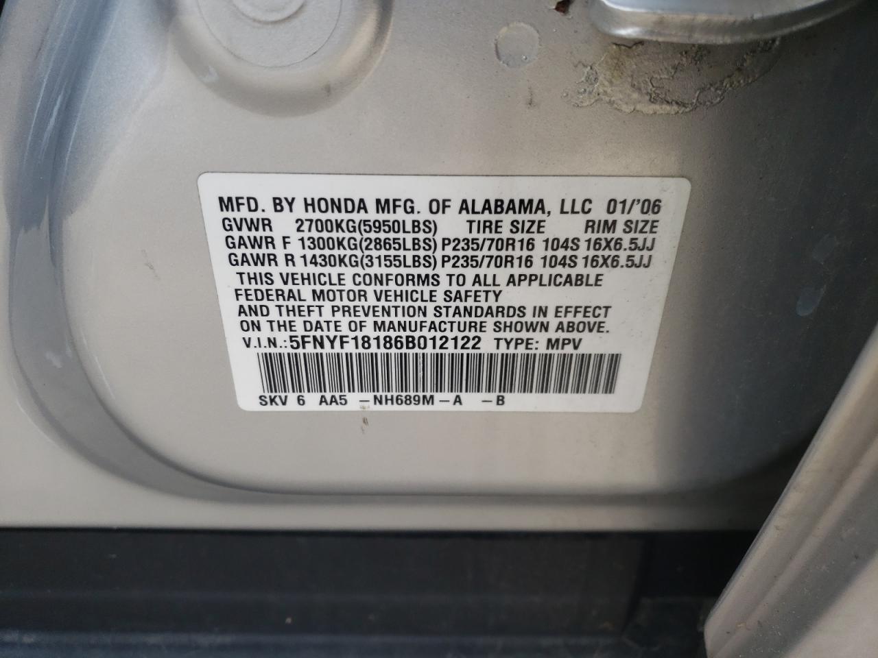 Photo 10 from auction – 2006 HONDA PILOT LX with VIN 5FNYF18186B012122