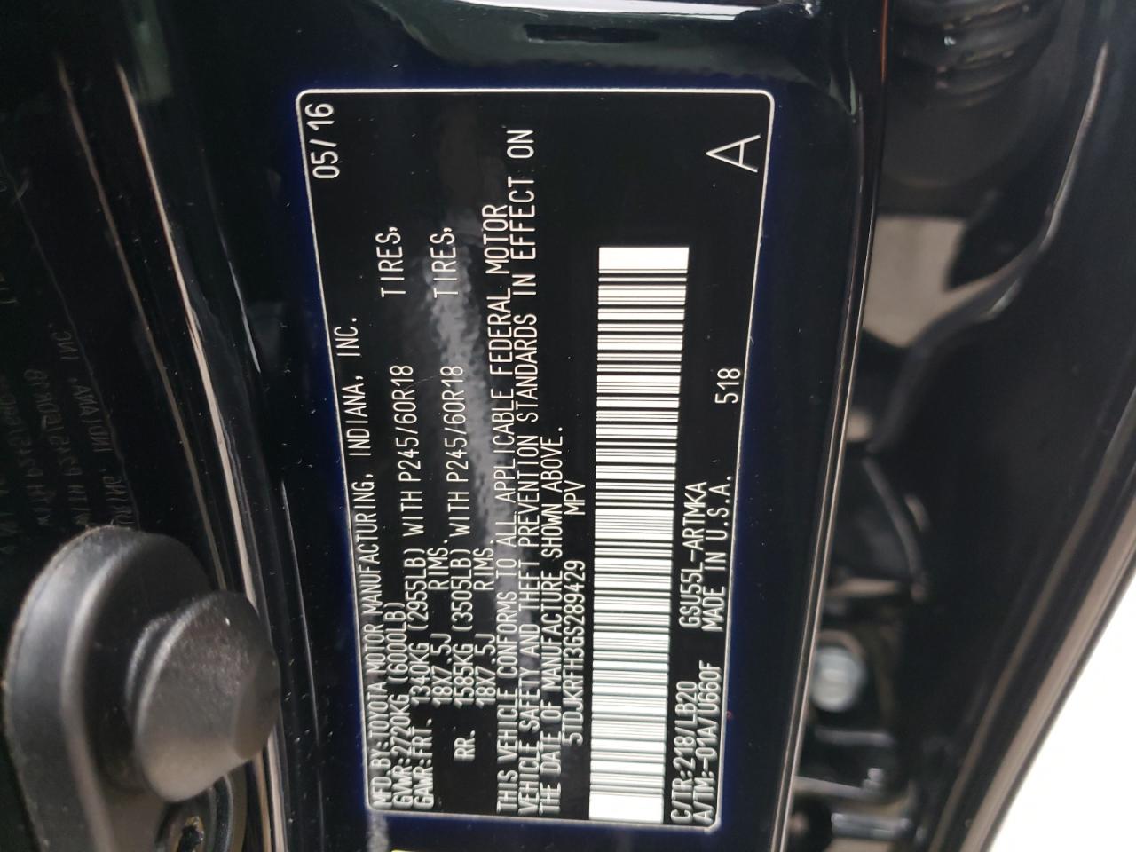 Photo 10 from auction – 2016 TOYOTA HIGHLANDER with VIN 5TDJKRFH3GS289429