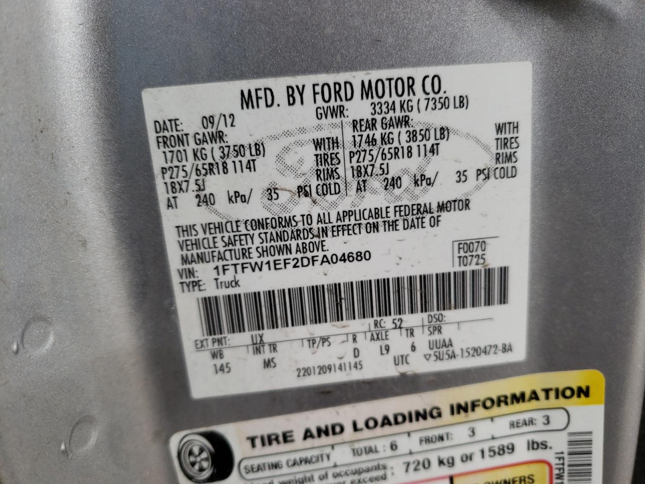 Photo 10 from auction – 2013 FORD F150 SUPER with VIN 1FTFW1EF2DFA04680