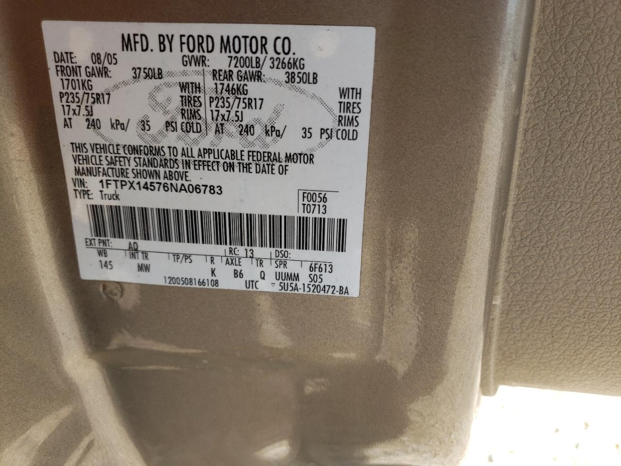 Photo 10 from auction – 2006 FORD F150 with VIN 1FTPX14576NA06783