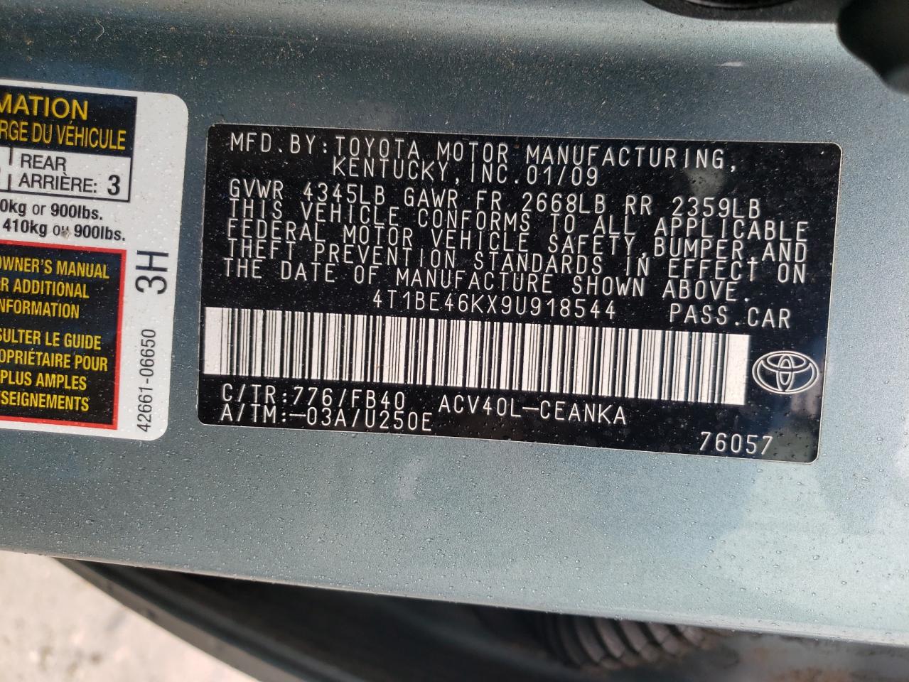Photo 10 from auction – 2009 TOYOTA CAMRY BASE with VIN 4T1BE46KX9U918544
