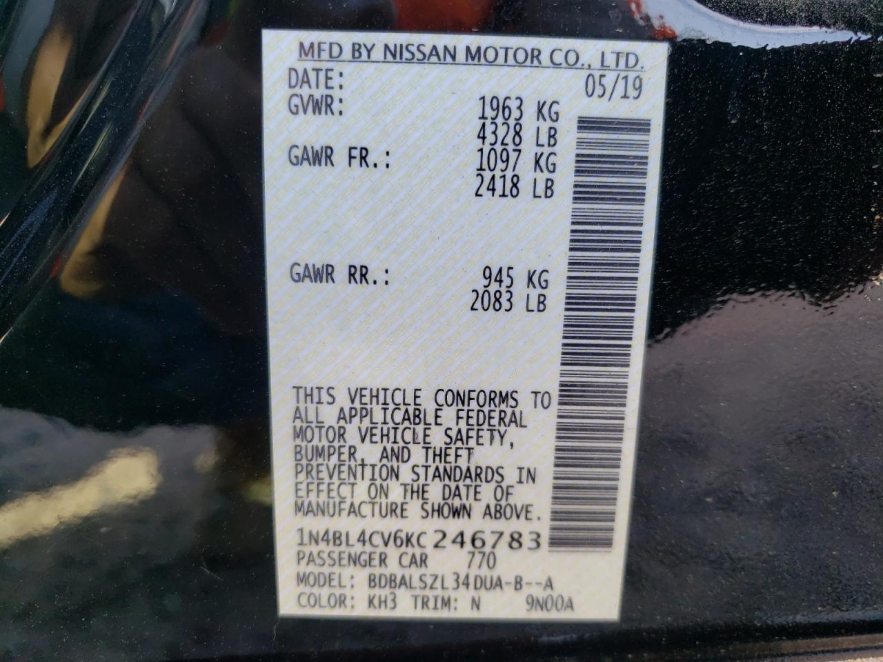 Photo 10 from auction – 2019 NISSAN ALTIMA SR with VIN 1N4BL4CV6KC246783