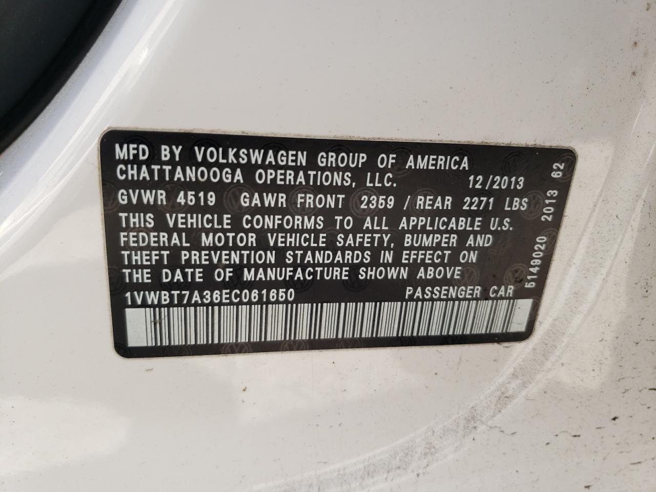 Photo 10 from auction – 2014 VOLKSWAGEN PASSAT SE with VIN 1VWBT7A36EC061650