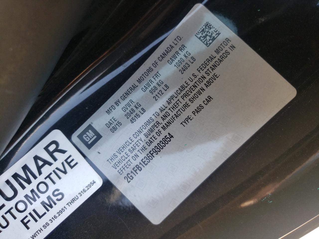 Photo 10 from auction – 2015 CHEVROLET CAMARO LS with VIN 2G1FB1E36F9303854