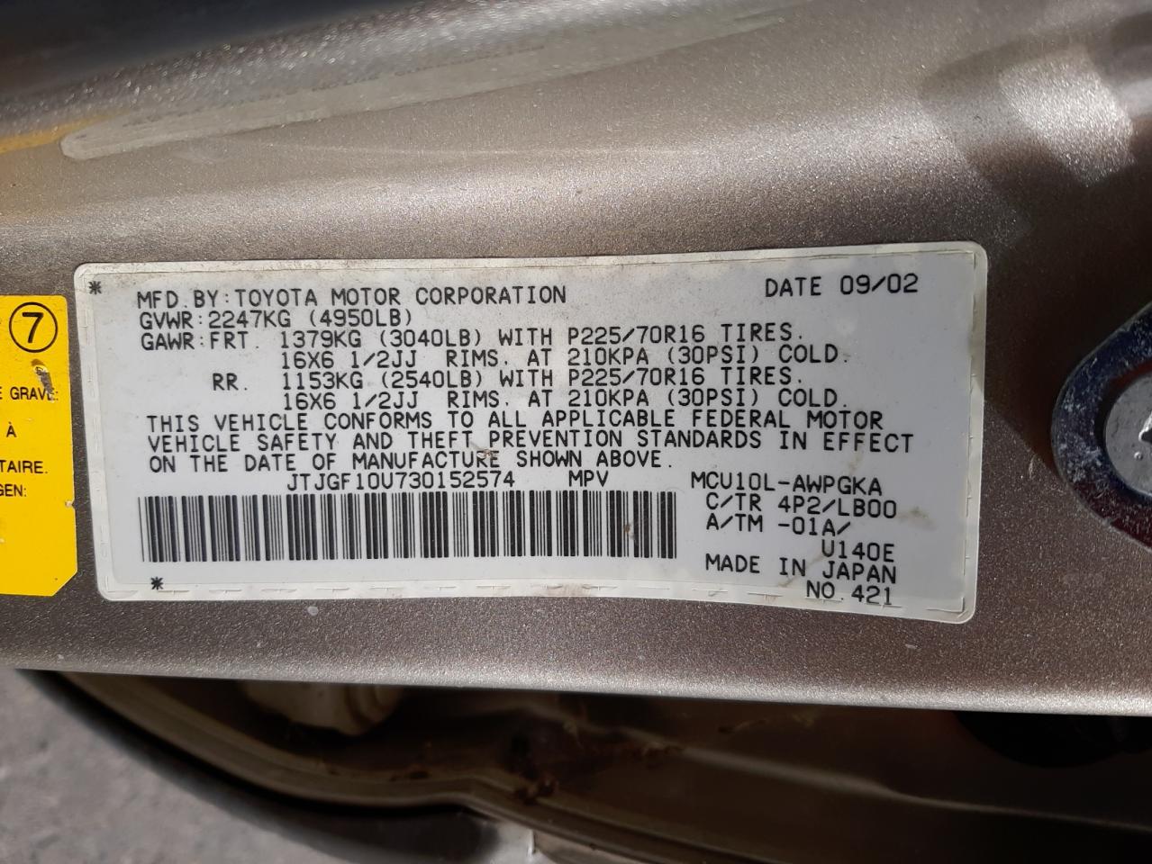 Photo 10 from auction – 2003 LEXUS RX 300 with VIN JTJGF10U730152574
