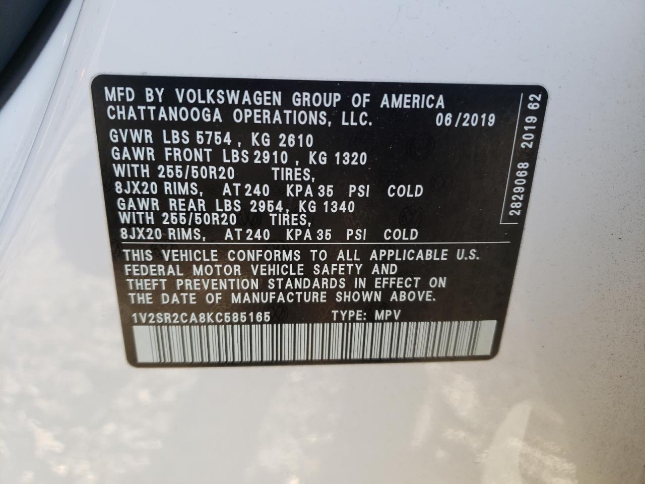Photo 10 from auction – 2019 VOLKSWAGEN ATLAS SEL with VIN 1V2SR2CA8KC585165