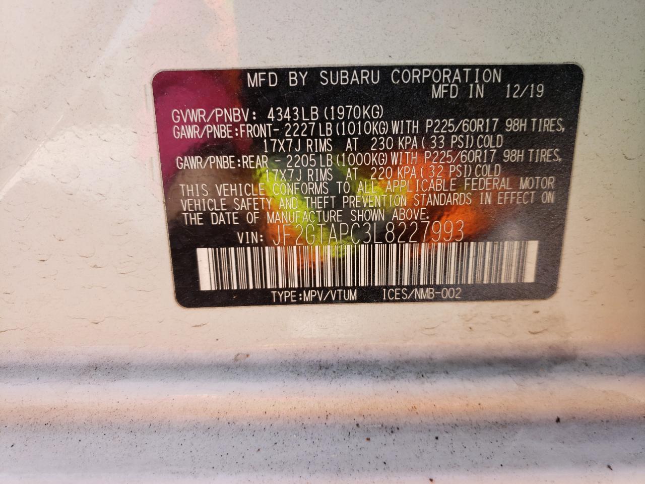 Photo 10 from auction – 2020 SUBARU CROSSTREK with VIN JF2GTAPC3L8227993