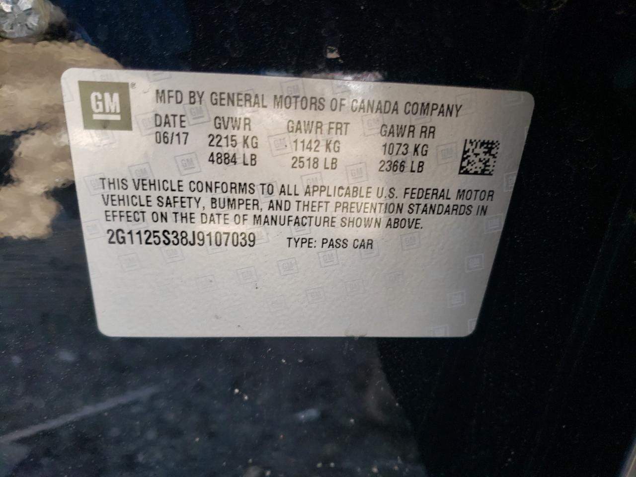 Photo 10 from auction – 2018 CHEVROLET IMPALA PRE with VIN 2G1125S38J9107039