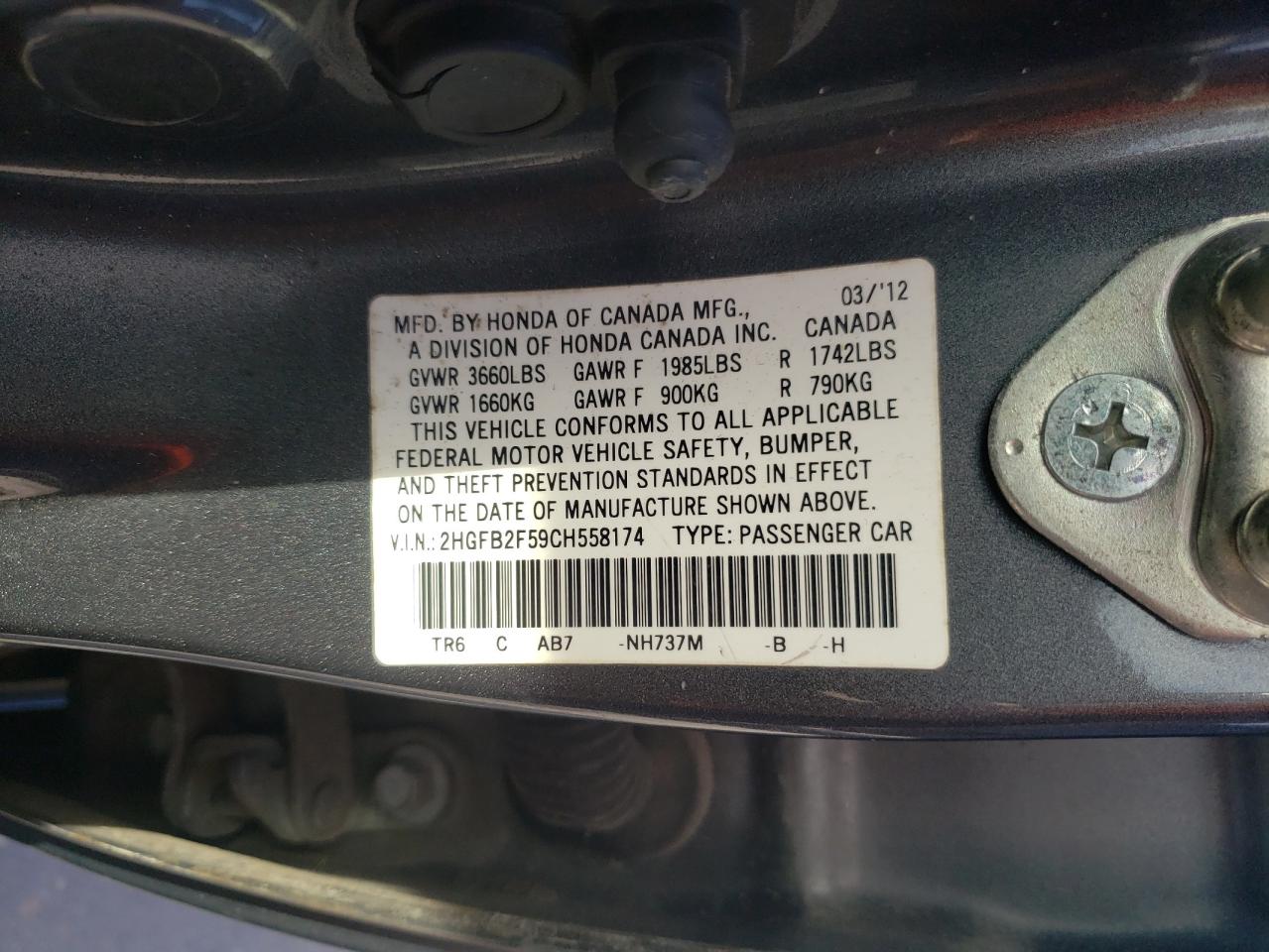 Photo 10 from auction – 2012 HONDA CIVIC LX with VIN 2HGFB2F59CH558174