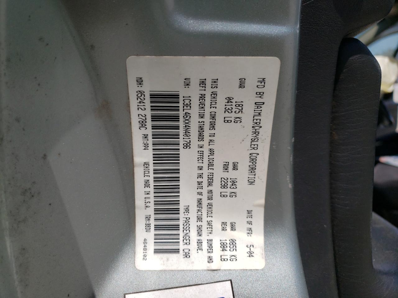 Photo 10 from auction – 2004 CHRYSLER SEBRING LX with VIN 1C3EL46XX4N401786