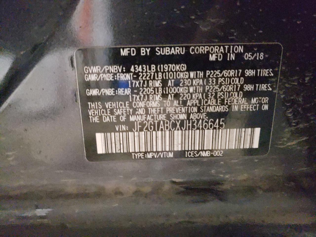 Photo 10 from auction – 2018 SUBARU CROSSTREK with VIN JF2GTABCXJH346645