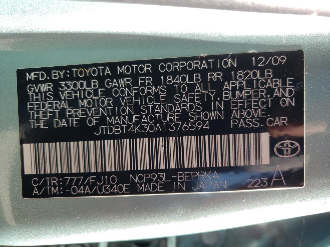 Photo 10 from auction – 2010 TOYOTA YARIS with VIN JTDBT4K30A1376594