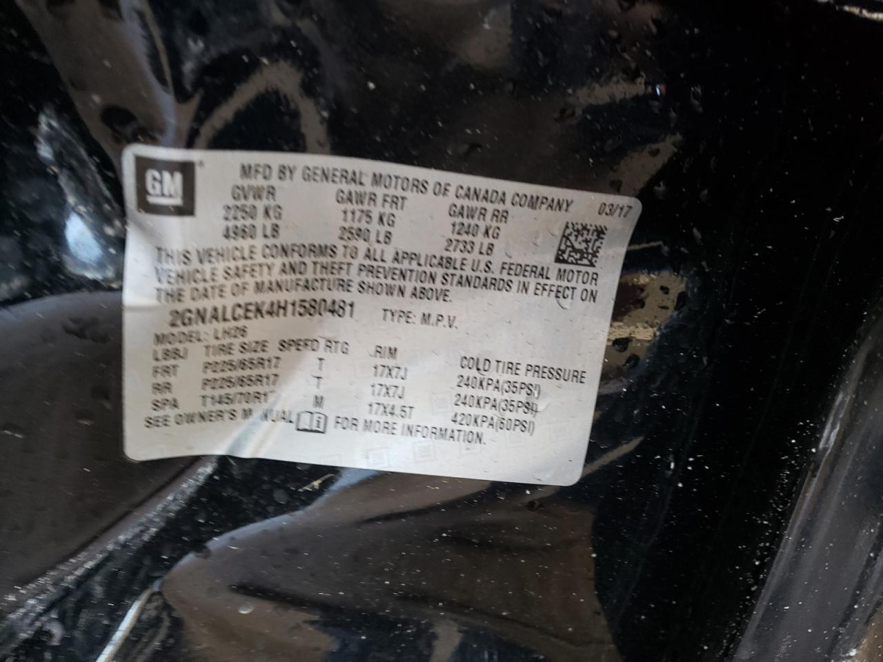 Photo 10 from auction – 2017 CHEVROLET EQUINOX LT with VIN 2GNALCEK4H1580481