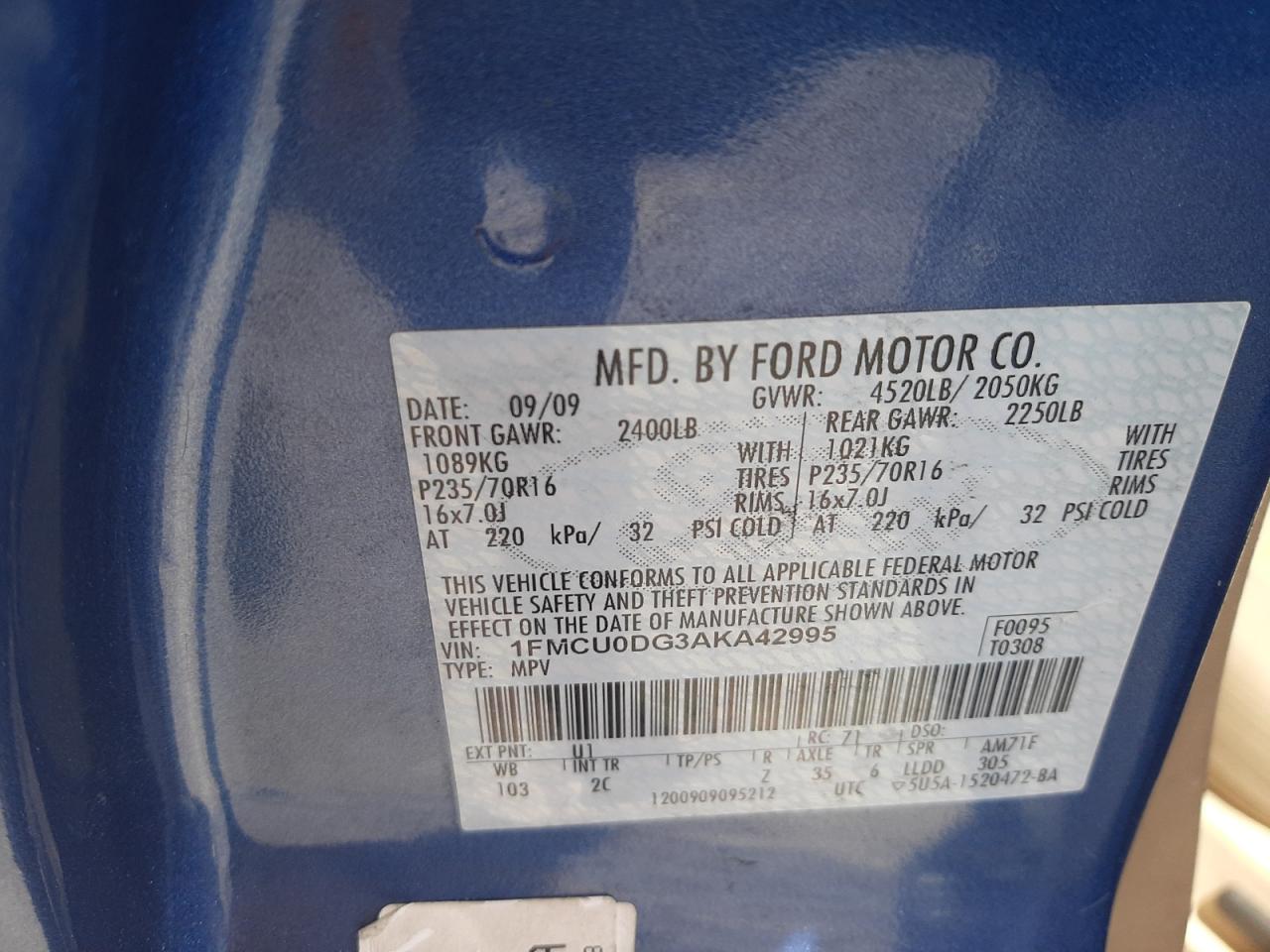 Photo 10 from auction – 2010 FORD ESCAPE XLT with VIN 1FMCU0DG3AKA42995