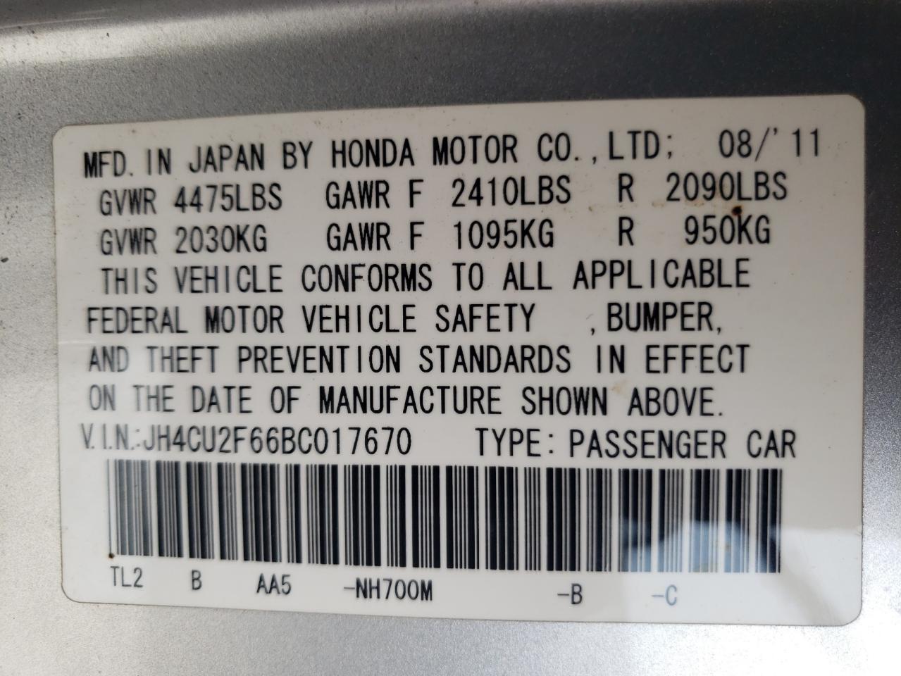 Photo 10 from auction – 2011 ACURA TSX with VIN JH4CU2F66BC017670