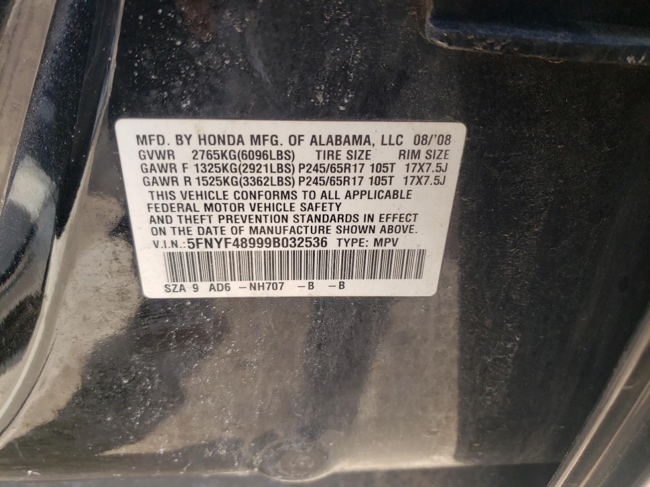 Photo 10 from auction – 2009 HONDA PILOT TOUR with VIN 5FNYF48999B032536
