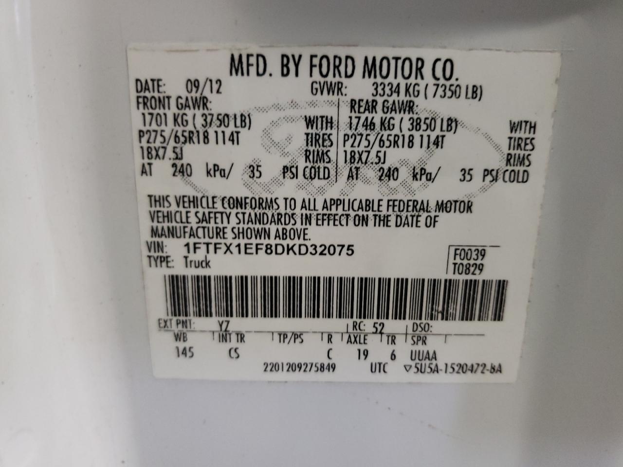 Photo 10 from auction – 2013 FORD F150 SUPER with VIN 1FTFX1EF8DKD32075