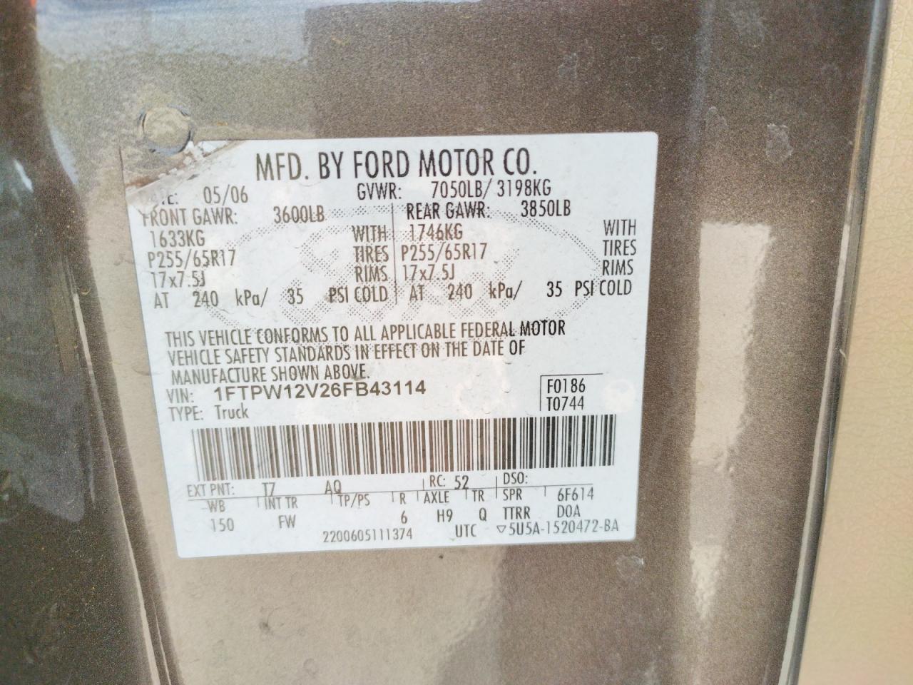 Photo 10 from auction – 2006 FORD F150 SUPER with VIN 1FTPW12V26FB43114