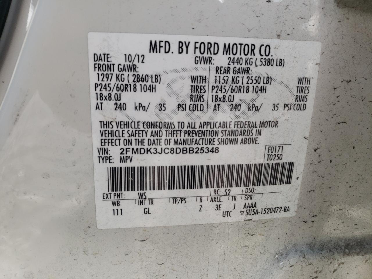 Photo 10 from auction – 2013 FORD EDGE SEL with VIN 2FMDK3JC8DBB25348