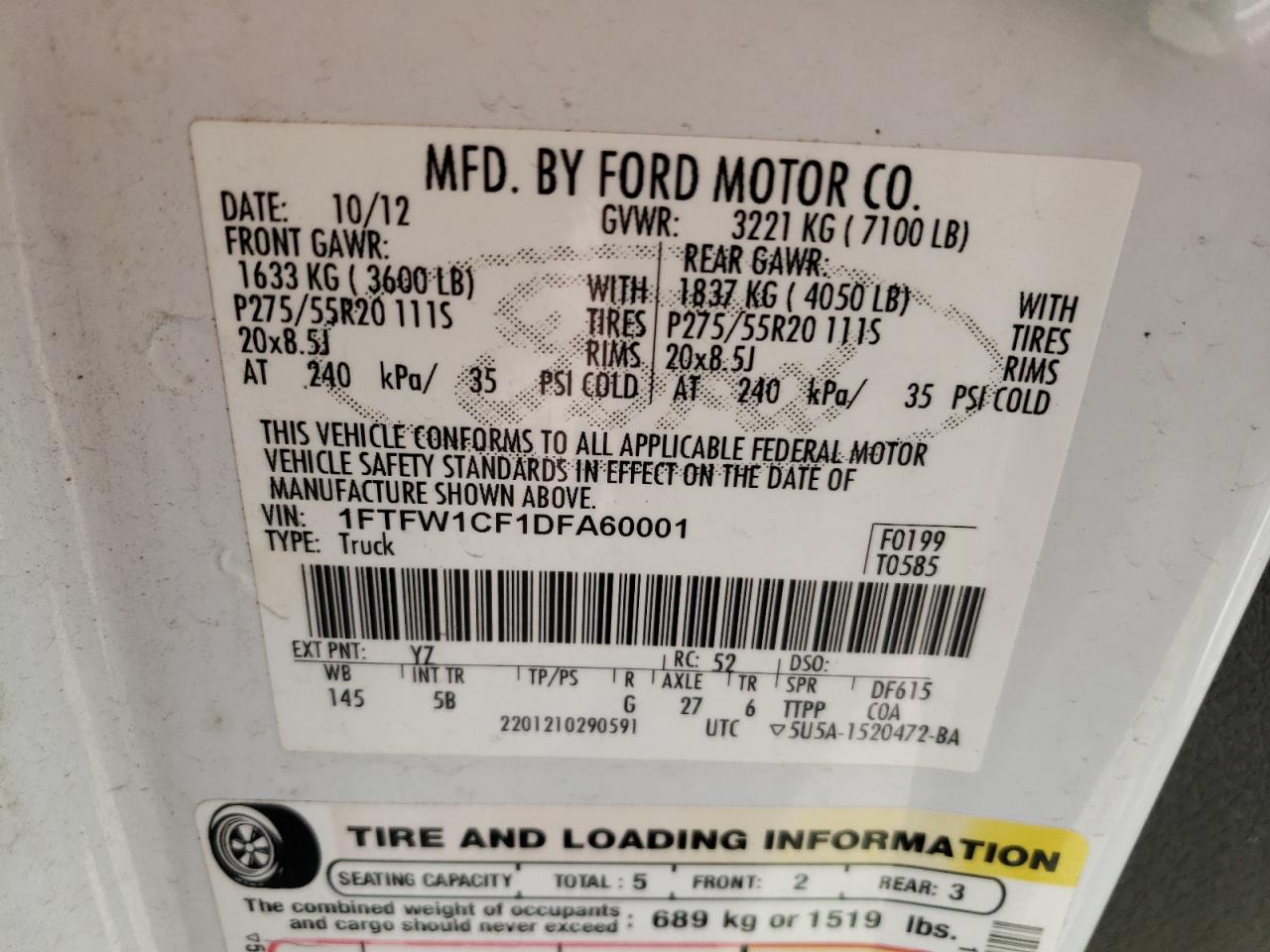 Photo 10 from auction – 2013 FORD F150 SUPER with VIN 1FTFW1CF1DFA60001